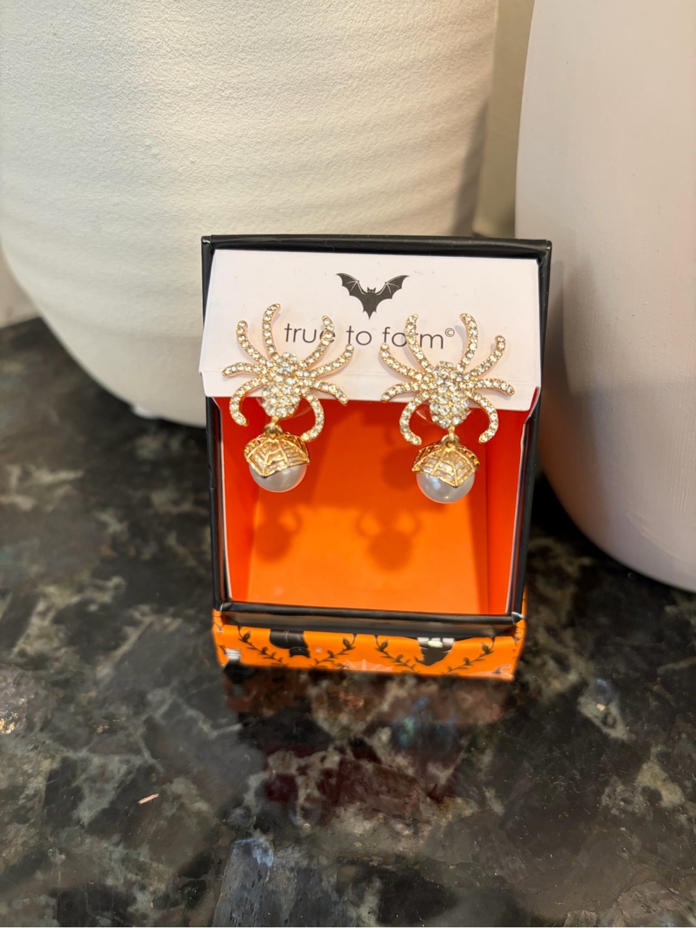 True to Form Gold Crystal Spider Halloween Earrings with Pearl Drops